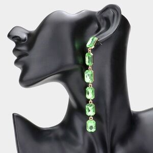 Green Emerald Cut Stone Link Dangle Evening Statement Earrings